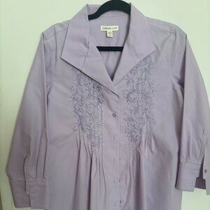 Pastel Lavender Pink COLDWATER CREEK Embroidered, Pleated Button Down Top Size M